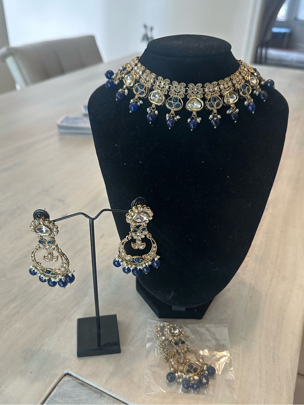 Gold and Navy Kundan Choker Necklace with Matching Earrings and Tikka